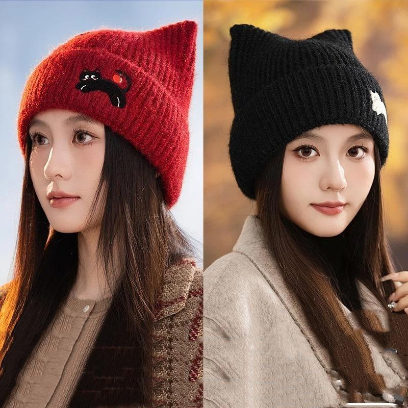 Women's Winter Cat Ear Beanie Skullies - Warm Plush Thermal Cartoon Cap Korean Style Outdoor Snow Pullover Hat for Girls