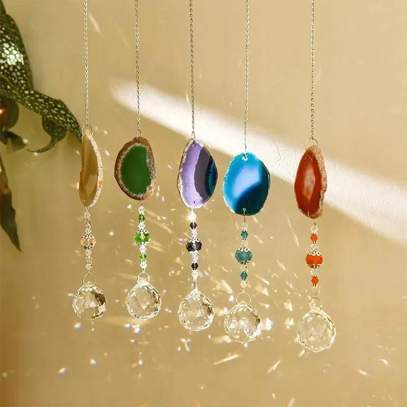 Crystal Rock Moon Sun Catcher Wind Chime Colorful Agate Slice Pendant Garden Hanging Ornament Room Balcony Decor
