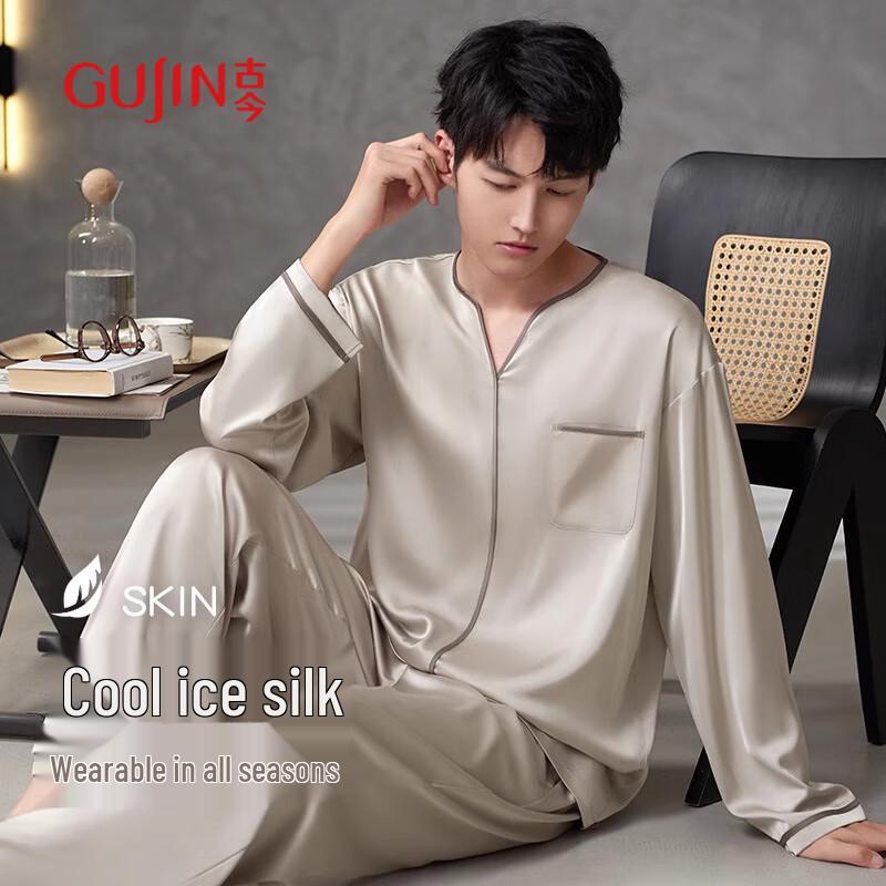 GUJIN Men s Long Sleeve Ice Silk Loungewear Set XL