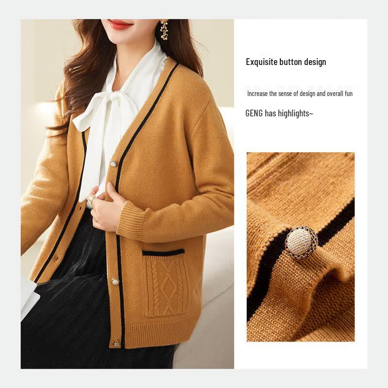 TUHUANG Women's Pure Wool Color-block V-neck Cardigan Sweater