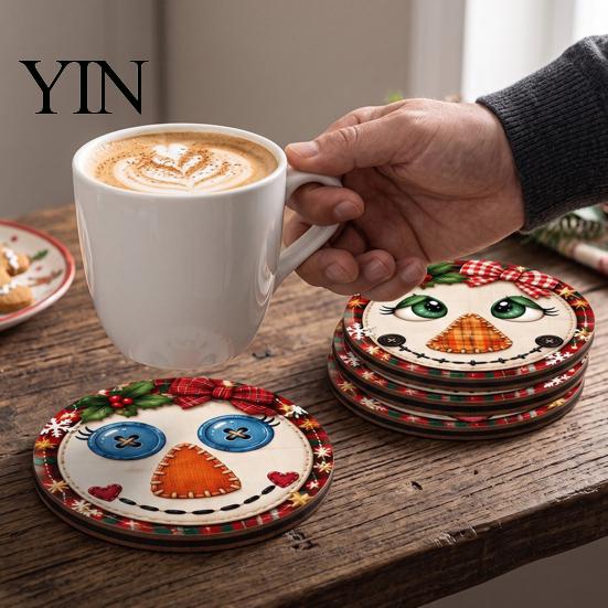 Wooden Coasters for Drinks 4Pcs Christmas Snowman Coasters, Cute Face Drink Cup Party Tableware Mats, Heat Resistant UV Printed Wood Tabletop Holiday