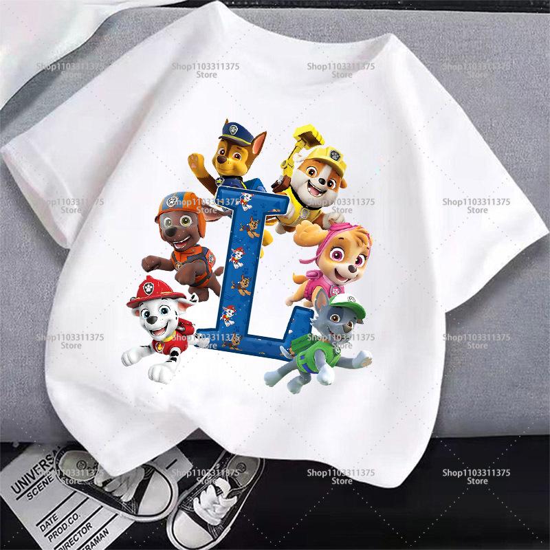 Cute PAW Patrol T-shirt Letter A-Z Boys Girls Clothes Short Sleeve Summer Cartoon Kids Birthday Toddler Cotton Outdoor Wear Gift