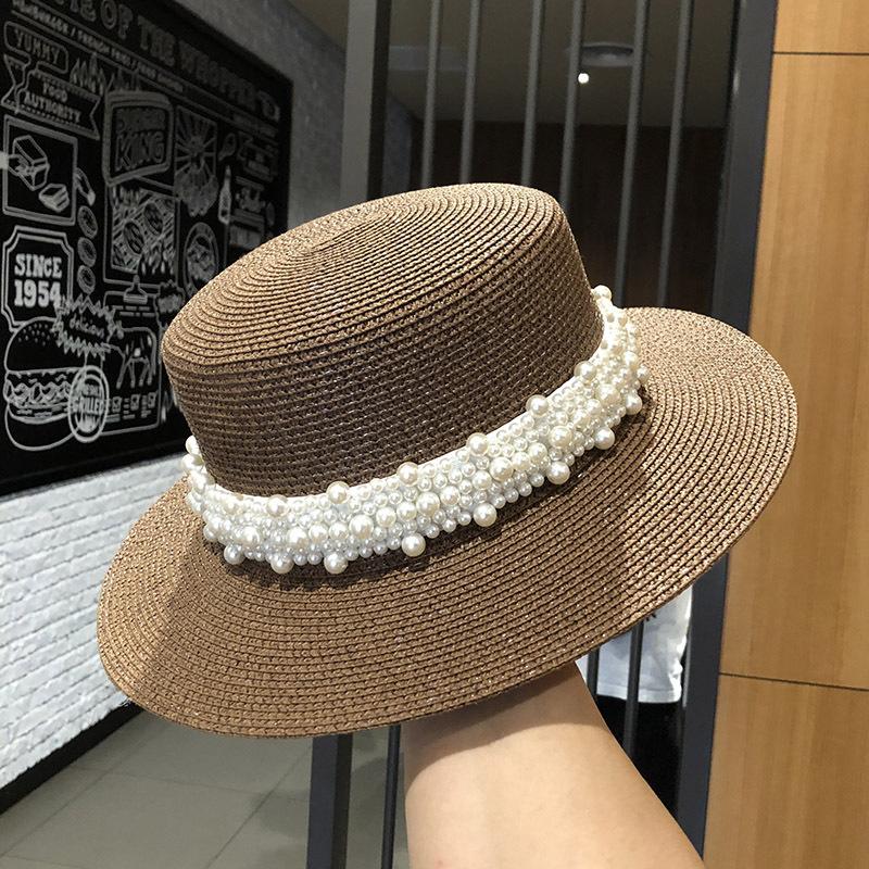 Fashion Summer Women Wide Brim Straw Hat Chapeau Female Sun Hats Boater Pearl Accessories Panama Beach Hat Sombrero Mujer Fedora