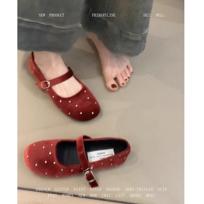 Sheepskin Version~ French Velvet Gypsy Flat-soled Single Shoes Women's Retro Red Square Head with Mary Jane Shoes
