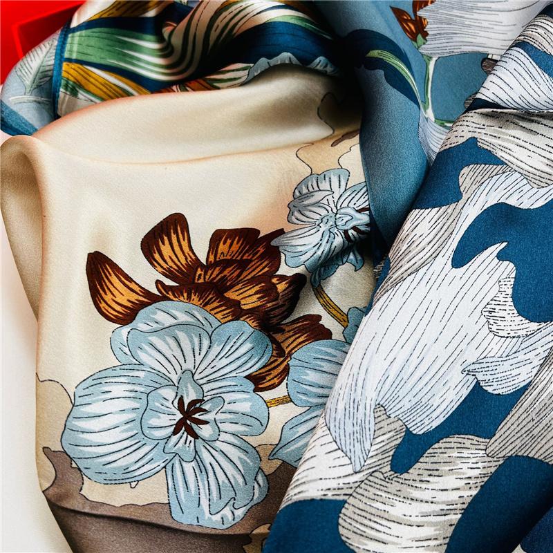 53*170cm High-grade 100% Mulberry Silk Thin Long Scarf Printed Flower Shawl Neckerchief Gift for Women