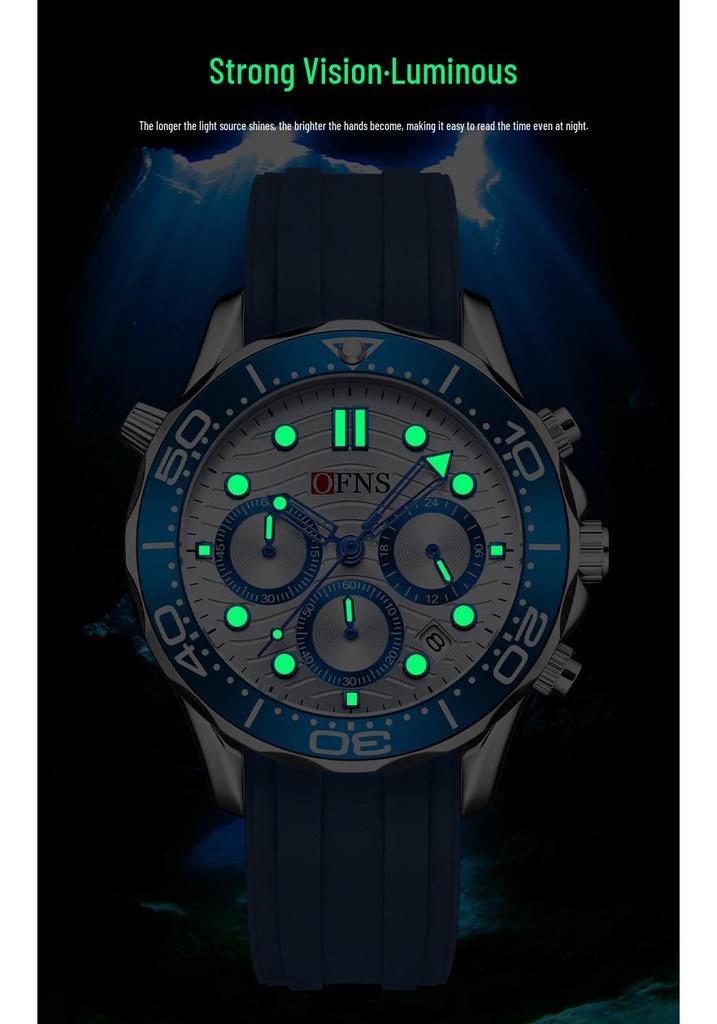 OFNS Men's Retro Waterproof Quartz Watch with Luminous Steel and Rubber Straps, Calendar, and Six-Hand Multi-Function Display.