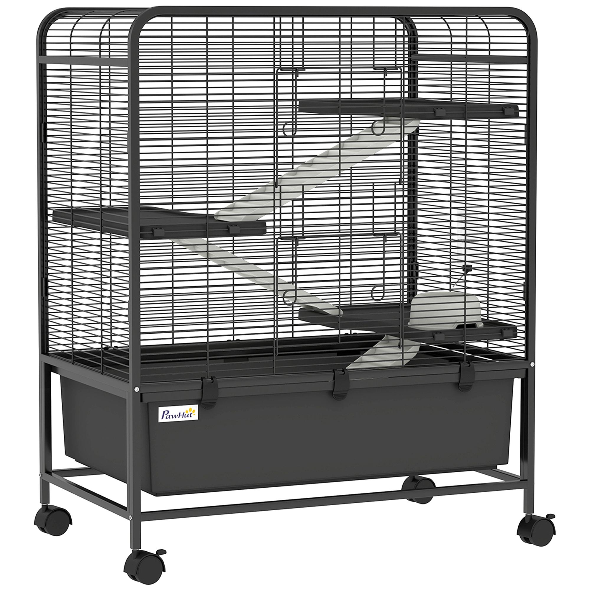 Cage Pour Rongeurs Sur Roues 4 Niveaux 3 Plateformes 3 Rampes Bouteille d'Eau 75x46x94.5cm Noir