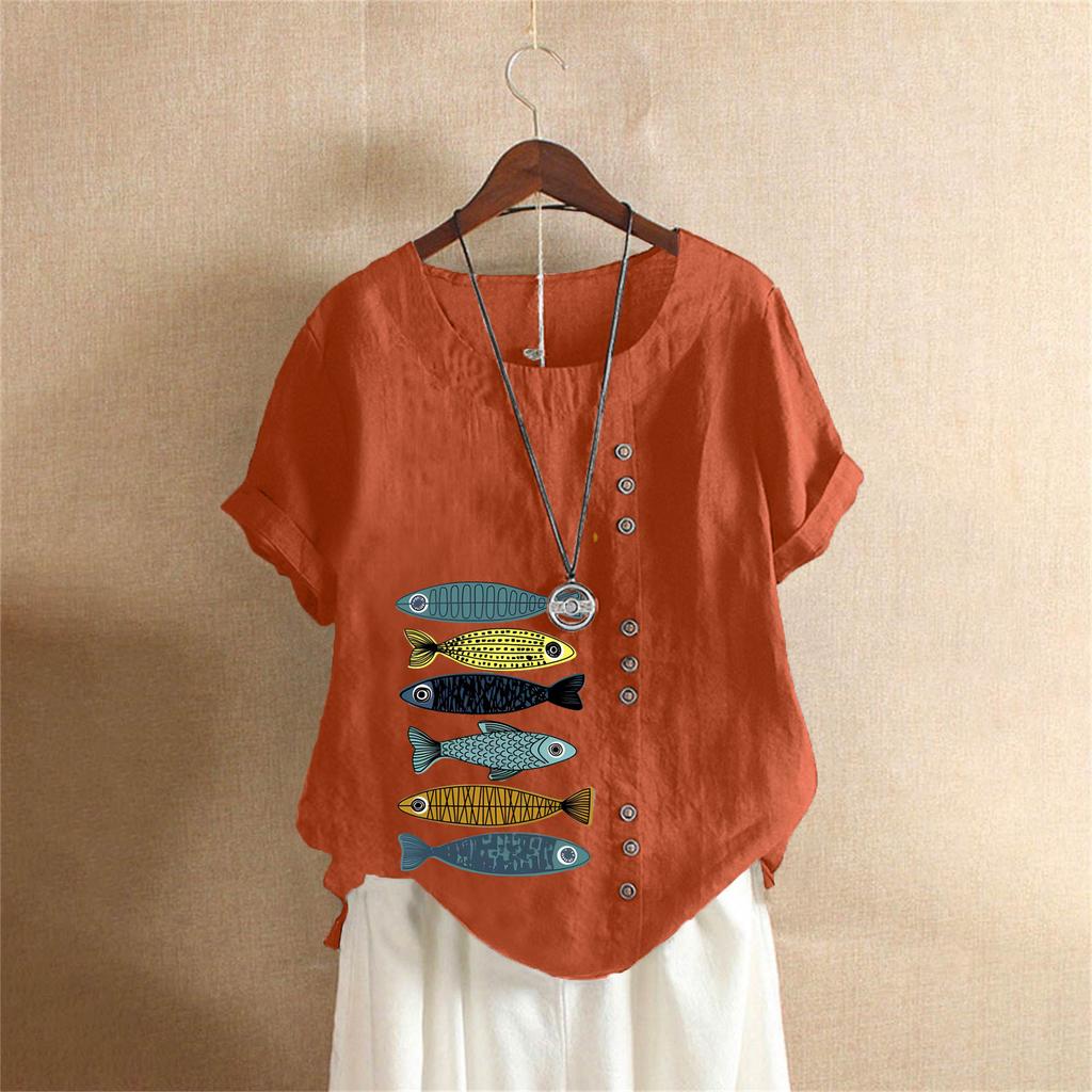 Sommer Übergröße Baumwolle und Leinen Kurzarm T-Shirt, Baumwolle und Leinen Bedruckte Übergröße Damenbekleidung