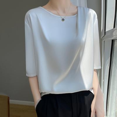 Tricou din mătase pentru femei Vară cu gât rotund Tricou lejer Topuri scurte cu mâneci scurte