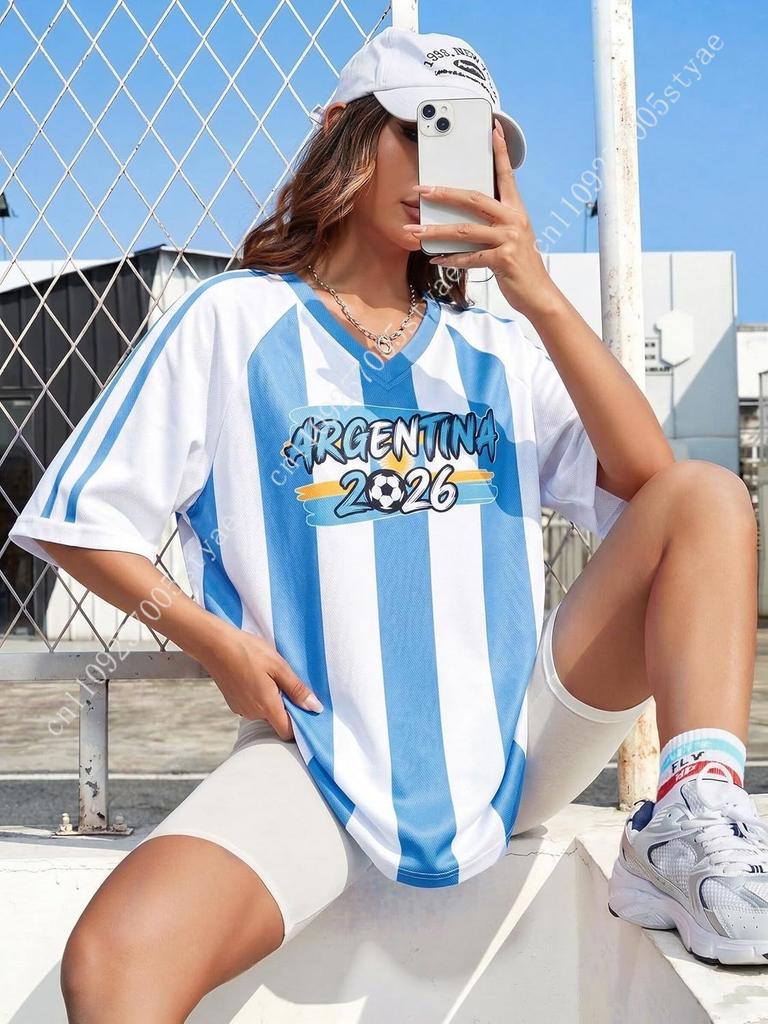 2026 Voetbal Fan Shirt Argentinië Brazilië Mexico Canada VS Voetbalshirt Shirts Voetbalteam V-hals Kleding voor Vrouw
