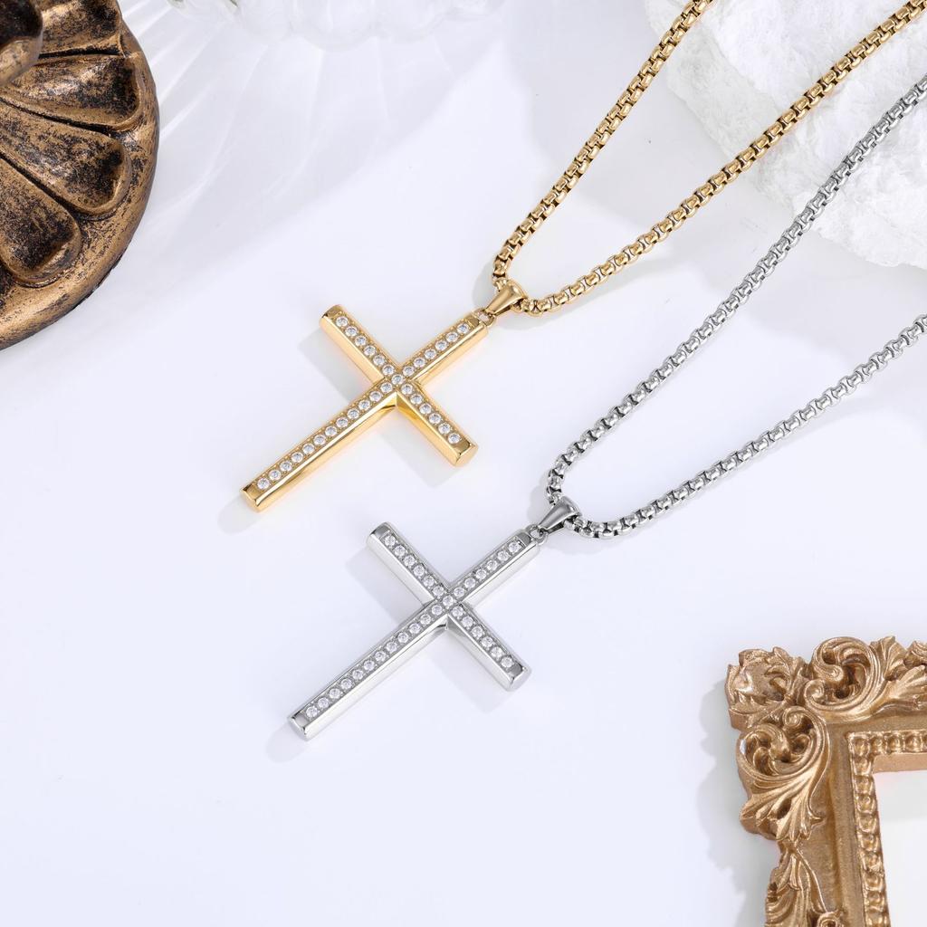 2026 Stone Cross Necklace Fashion Light Luxury Necklace Jewelry Premium Jewelry Full Diamond Men's Necklace