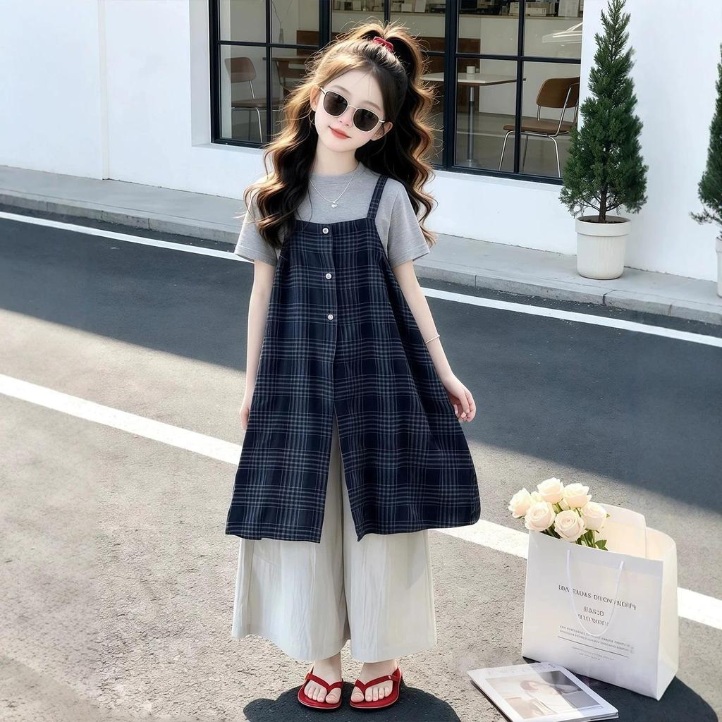 Mädchen Sommer-Akademie-Karomuster Dreiteiler im koreanischen Stil