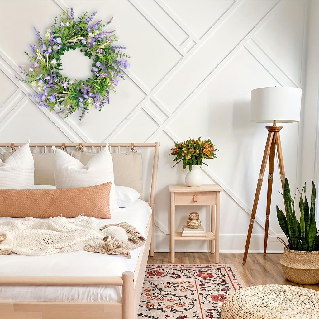 Artificial Spring Summer Wreath for Front Door Lavender Wildflower Green Eucalyptus Leaves Wreath for Wall Window Decor