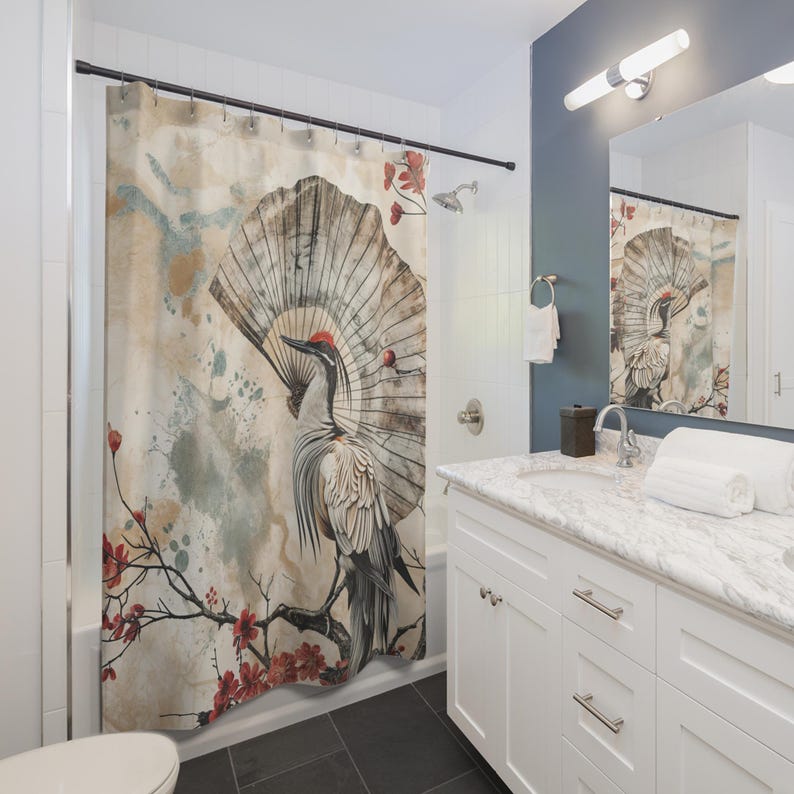 

Japanese Crane Shower Curtain – Symbol of Longevity & Grace, Striking Decor for Bathroom, Wedding or Housewarming Gift W90xH180cm