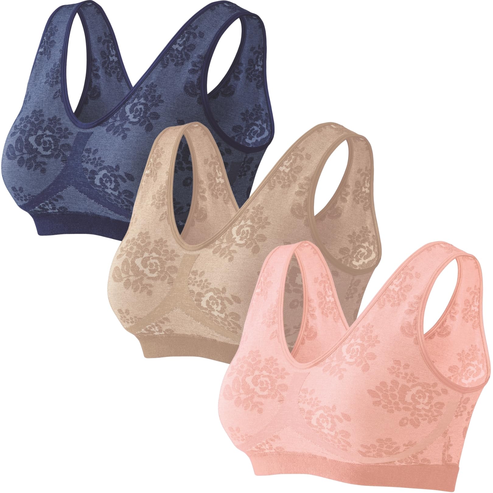 

smile Comfortable Cotton Blend Floral Soft High Easy Everyday Soft Cotton Blend [smile smile] Bras, Print, 3-Color Set, Wireless, Cups, Women s Bras,