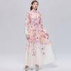 Spring/Summer Romantic Floral Print Stand-Up Collar Bell-Sleeve Slimming Party Dress for Women Elegant Single-breasted Maxi Dress with Belt