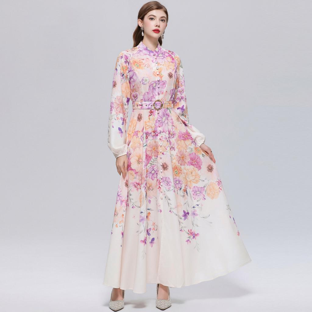 Spring/Summer Romantic Floral Print Stand-Up Collar Bell-Sleeve Slimming Party Dress for Women Elegant Single-breasted Maxi Dress with Belt