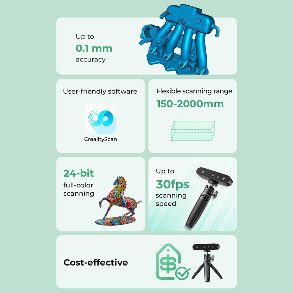 Crlity CR-Scan Ferret SE 3D Scanner Portable and Handheld 30fps Scaning Speed 0.1mm Accuracy ASIC Chipset Dual Mode Scanning with 30fps Scan Speed Dua