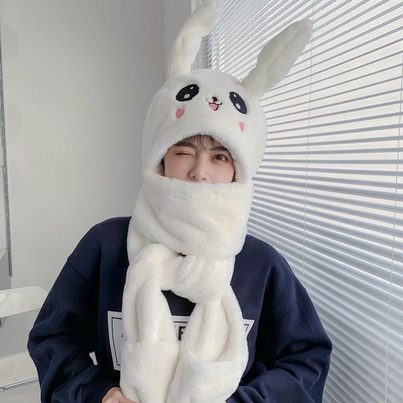 Warm Knitted Rabbit Ear Hat With Scarf Kids Women Winter Outdoor Wear Soft Fleece Lined Adjustable Hooded Beanie