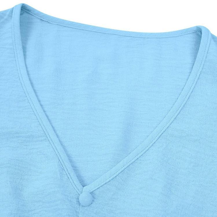 Vestido Feminino de Verão Casual Decote V Slim Cor Sólida Linha A Cintura Alta Camadas Vestidos Longos Primavera Manga Curta Folha de Lótus S-XL