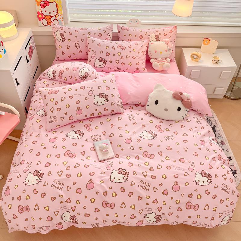 Hello Kitty All-Cotton Cute Cartoon Girl Fitted Sheet & Duvet Set - 4-Pc Dorm Style