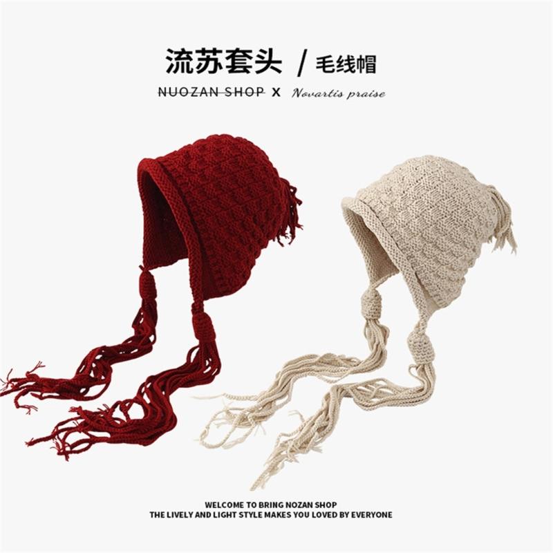 Handmade Fringed Braids Hat Y2K Sweet Girl Warm Beanie Hat InsStyle Bonnet Winter Autumn Skull Hat Pullover Earflap Hat