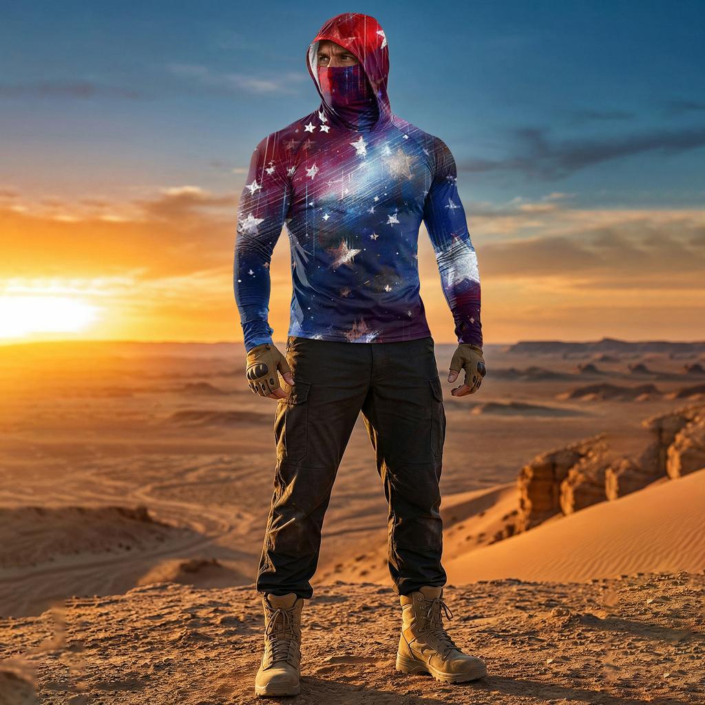 Men's Casual Raglan Sleeve Hooded Long Sleeve Sun Protection Shirt Independence Day Graphic Print Style Lightweight Breathable Fabric