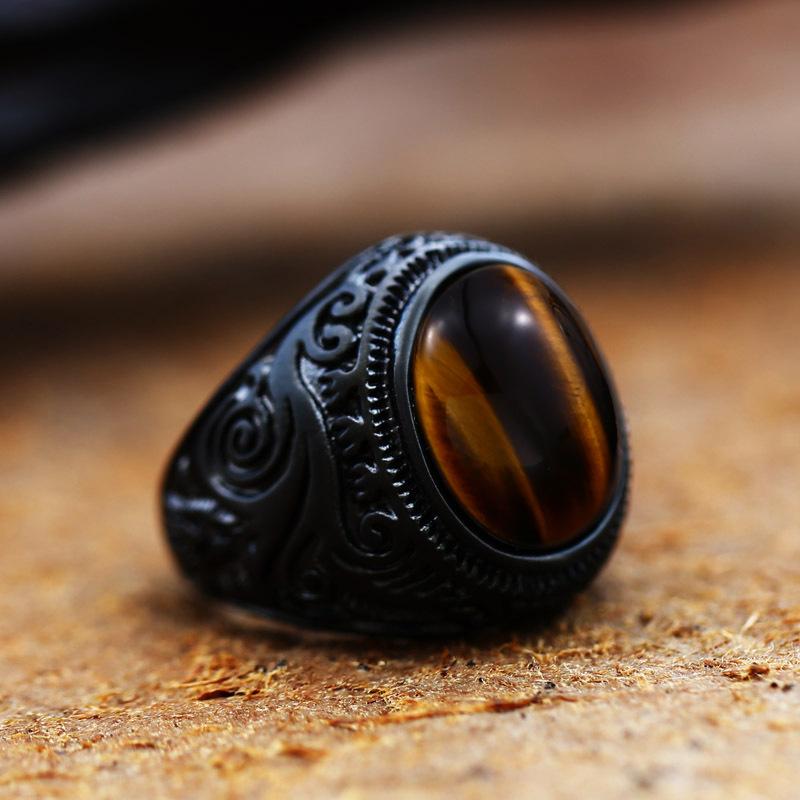 New Retro Tiger Eye Pine Stone Punk Men's Fashionable Handmade Ethnic Style Ring