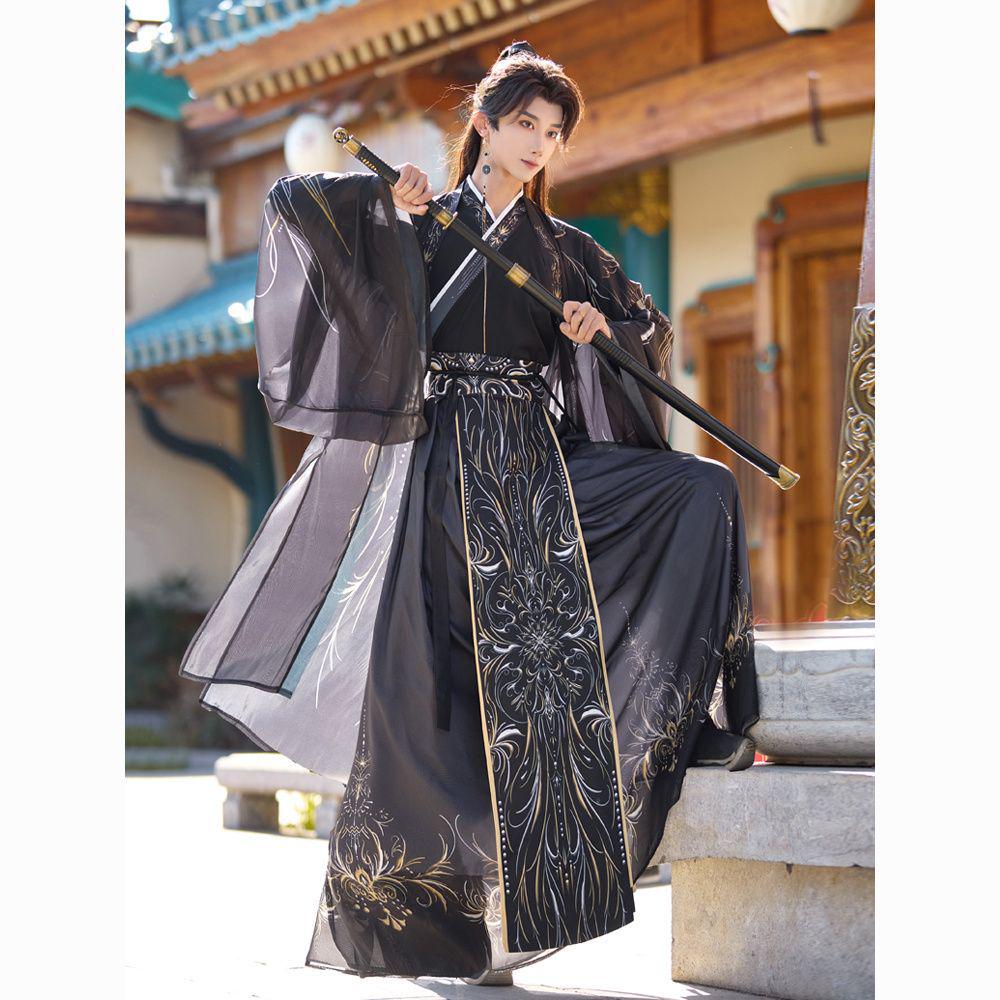 Men's Original Dark Hanfu Robe - Ancient Chinese Style Costume for Wuxia & Xianxia Cosplay, Cross-Collared Design for Film and TV.