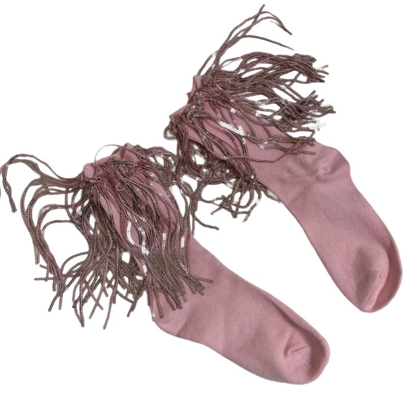 Womens Harajuku Sequins Tassels Decorative Trim Calf Sock 90s Solid Rib Middle Tube Sock Nightclub Party Stockings