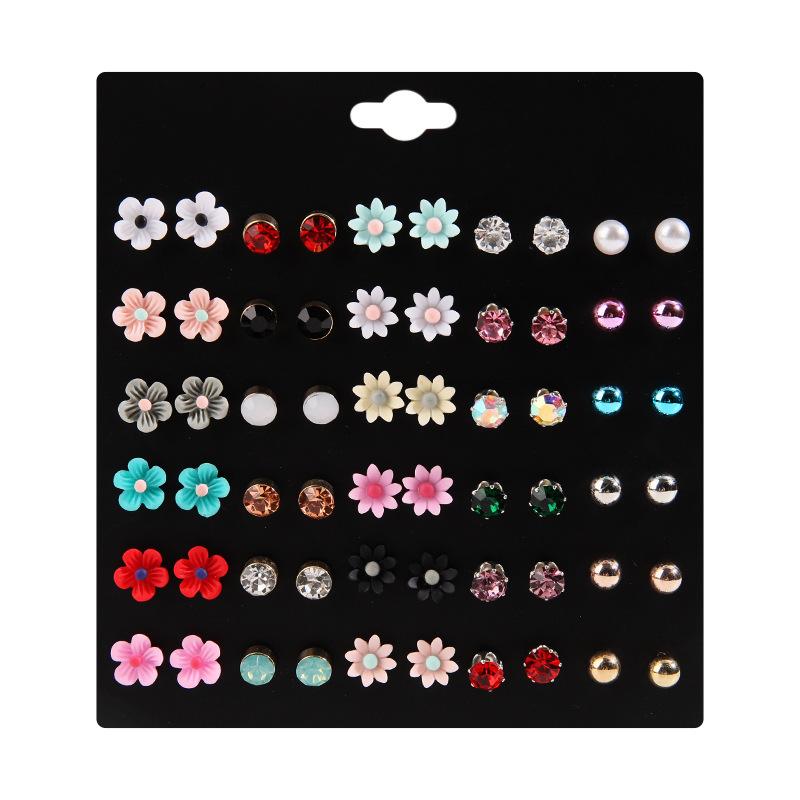 Korean version of temperament versatile 10 pairs of colorful rhinestone resin flower stud earrings set creative fashion personality women's stud