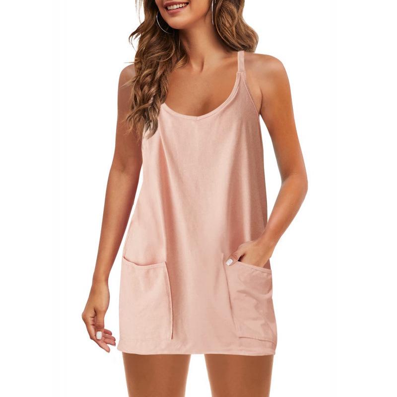 2023 Summer Solid Color Sleeveless Tank Dress with Thin Straps and Pocket