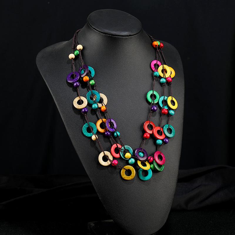 Handwoven Bohemian Coconut Shell Wood Necklace Feminine Style Long Multi-layer Colored Circle Pendant Accessories