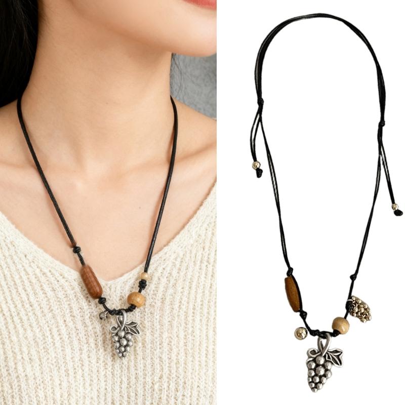 Stylish Alloy Accent Necklace With Sliding Closure Braided Cord and Natural Wood Materials