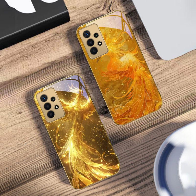 The golden red phoenix For Samsung A 01 52S A04 A05S A10 A12 13 22 23 24 36 42 M02 Note 10 20Ultra 8 9 Golden glass phone case