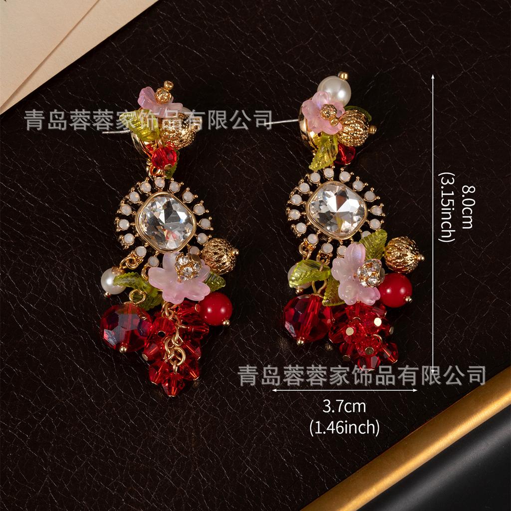 Dopamine Unique Beautiful Flower Tassel Earrings Vintage Colored Bead Temperament Luxury High-end Feeling