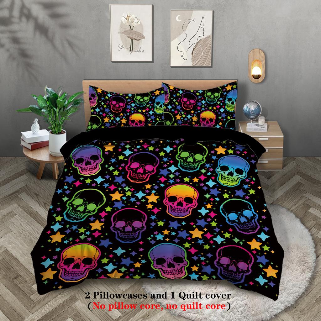 3-piece down duvet cover with skull pattern print (1 duvet cover+2 pillowcases, no core) gradient soft bedding set