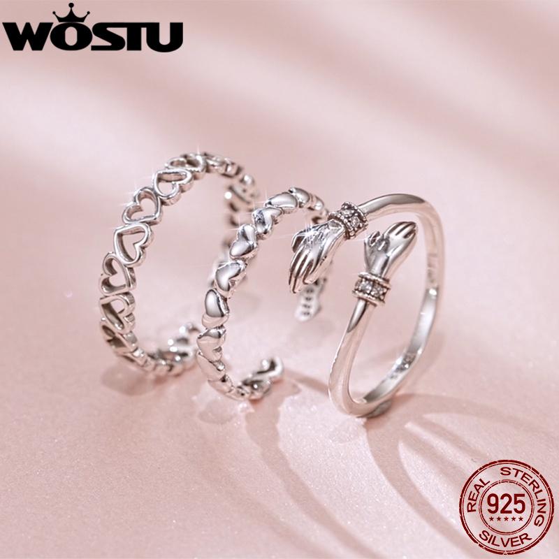 WOSTU 925 sterling Silver Hollow Heart Open Ring For Women Valentine's Jewelry Lovely Heart-shaped Stackable Rings Gift For Mom