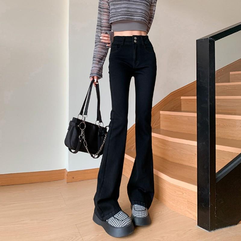 Womens High Waist Stretch Flared Jeans Slim Fit Mid-Rise Denim Pants Casual Korean Style
