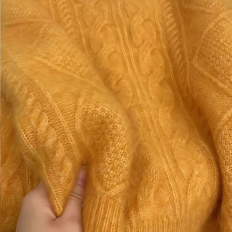 Women's Thickened Mohair Wool Cable Knit Pullover Sweater - Orange Collar, Soft & Cozy for Autumn/Winter