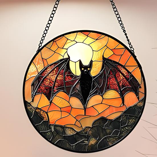 Halloween Suncatcher Decoration Spider Pumpkin Bat Witch Broom Ghost Stained Glass 2D Flat Acrylic Wall Window Hanging Sign Ornament