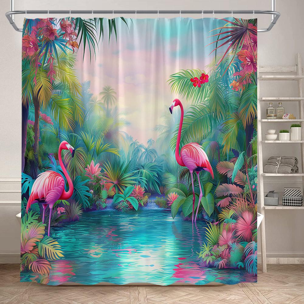 Shower Curtain, Tropical Flamingo Jungle Waterproof Polyester Bathroom Curtain With Hooks, Palm Tree Lotus Flower Decor Bath Cur