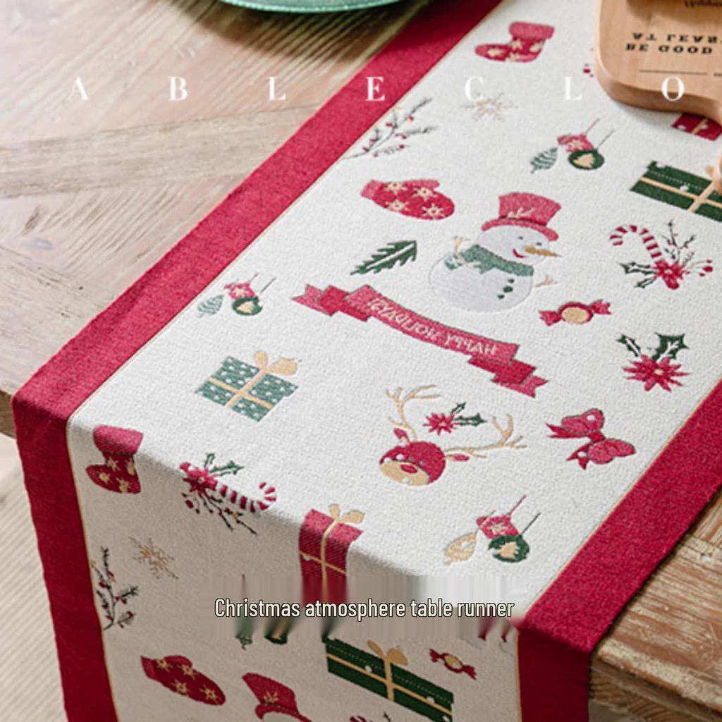 Jacquard Yarn-Dyed Christmas Snowman Reindeer Tassel Polyester Table/Bed Runner