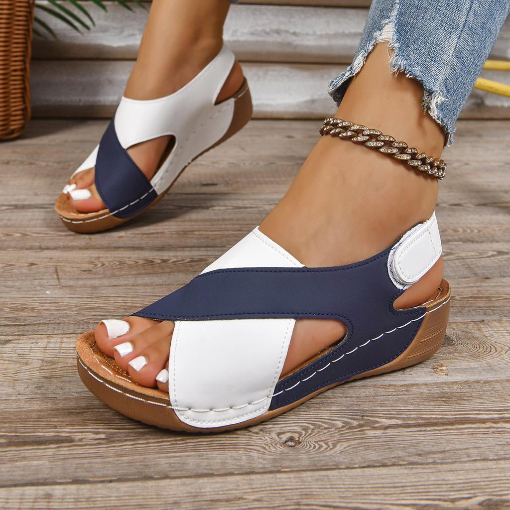 2025 Summer New Thick-soled Fish Mouth Color Matching Foreign Trade Women's Shoes Large Size Velcro Hollow Beach Shoes