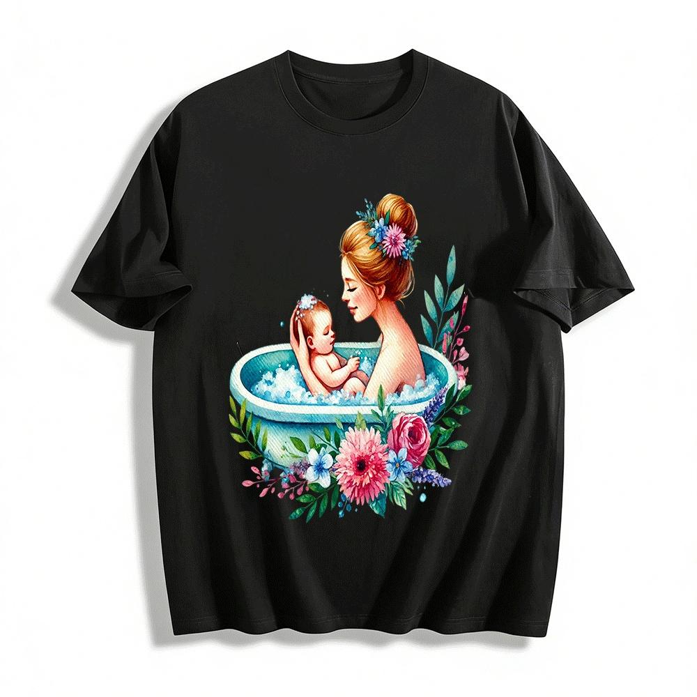 Mother And Baby Bath Print Casual Top Warm Parent-Child Love Tee Pure cotton T-shirt XXS
