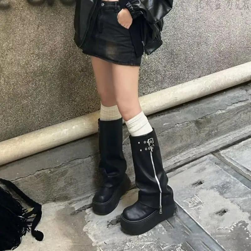 Fashion Soft Leather Ankle Mid Calf Boots Winter Autumn High Platform Wedge British Booties Woman New Ladies Chunky Motorcycle Boots