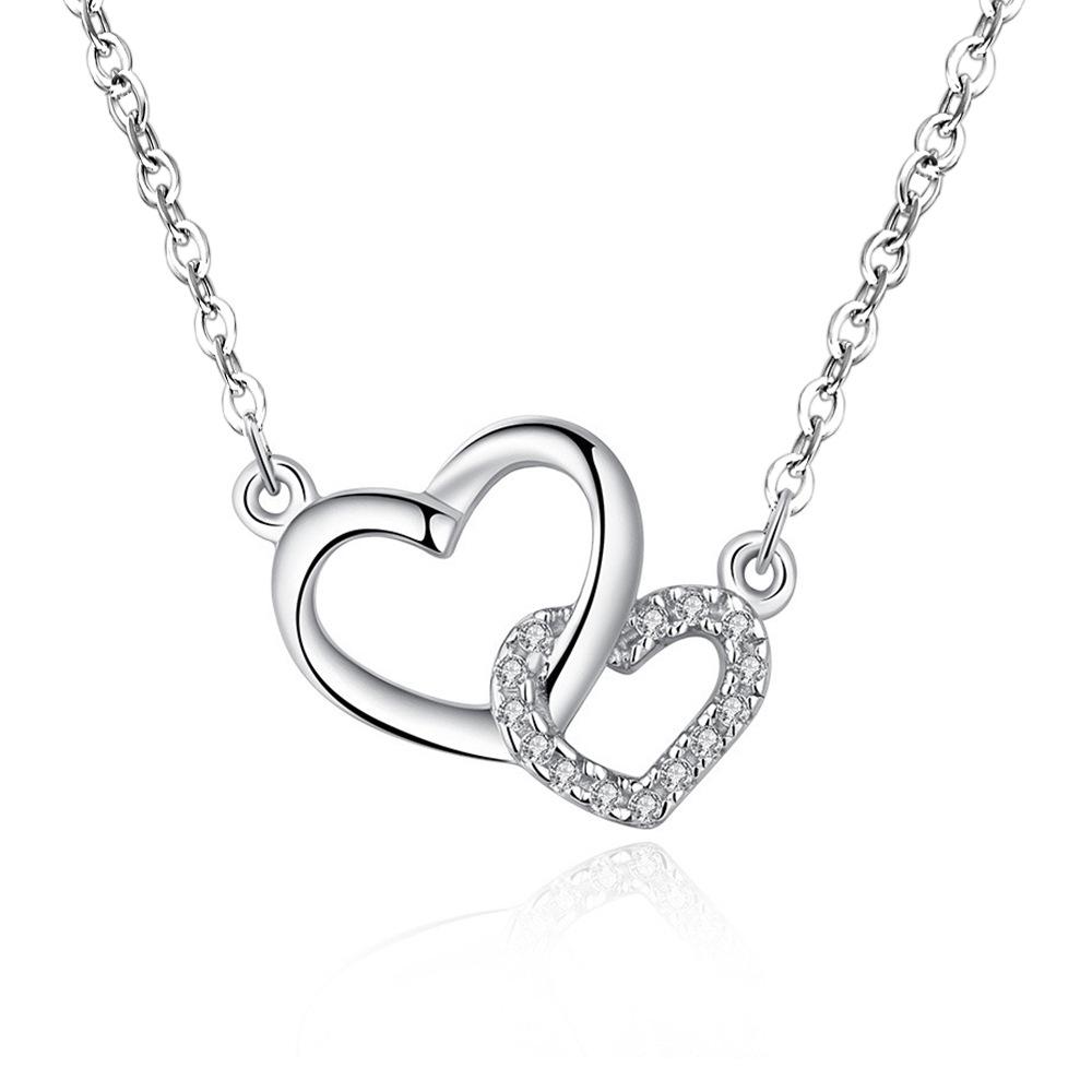 925 Silver Zircon Double Heart Necklaces For Women Girls Wedding Luxury Designer Jewelry Accessories Argent 925