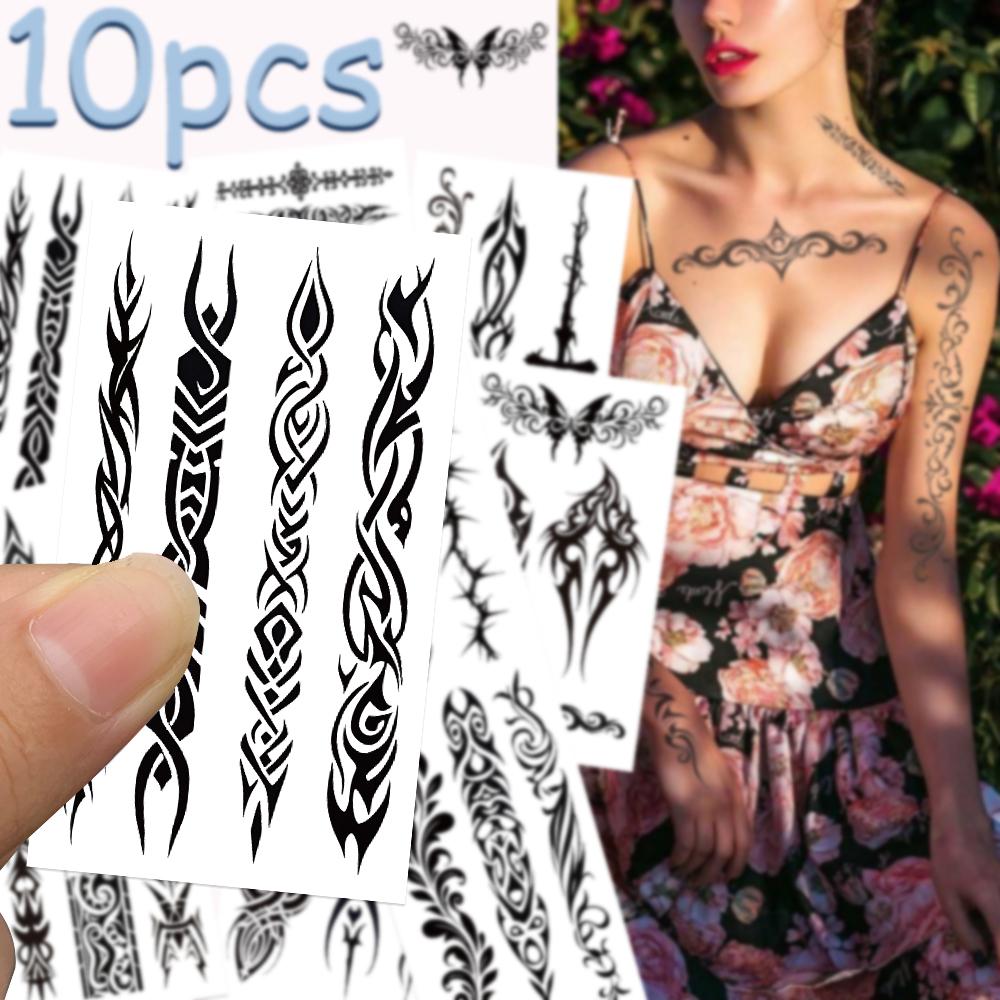 10 foi de autocolante de tatuaj trib alb-negru pentru mână, braț, corp, autocolante temporare de tatuaj false impermeabile, cadouri creative DIY