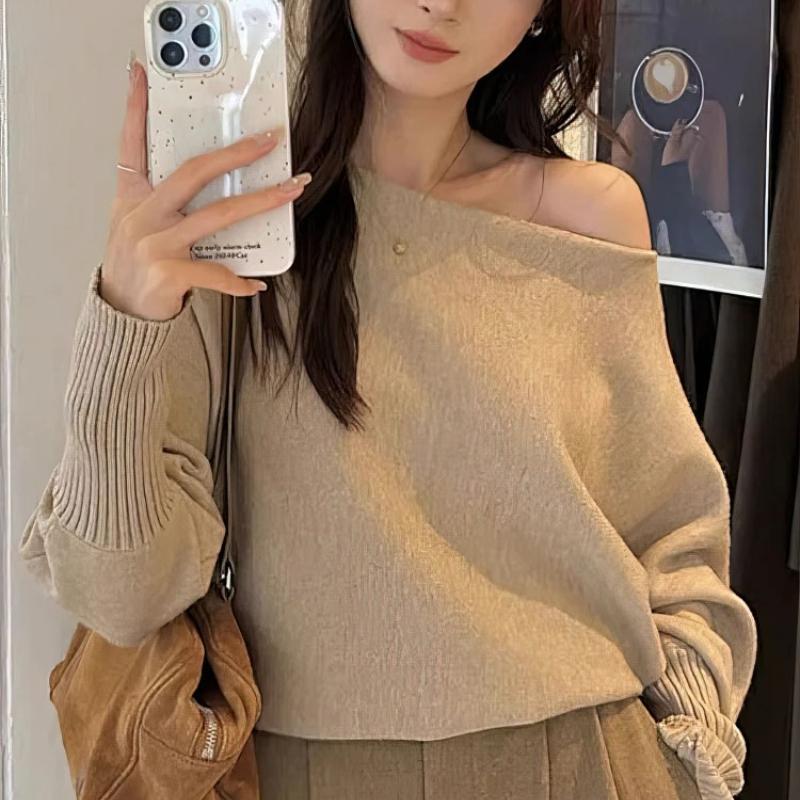 

Пуловер вязаный с рукавами летучая мышь, женский, 300 г, плотный, с открытыми плечами, топ, корейская мода, свитер, свободный, повседневный, осенняя верхняя одежда, пуловер XL