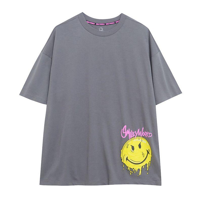 

Экспорт Летняя Тонкая Футболка с Коротким Рукавом с Мультяшным Смайликом и Буквами, Женская Свободная, Приталенная, Граффити, Повседневные Топы BF, Средней Длины Grey M